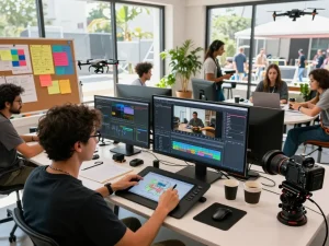 Team working with video to prompt technology in a creative studio