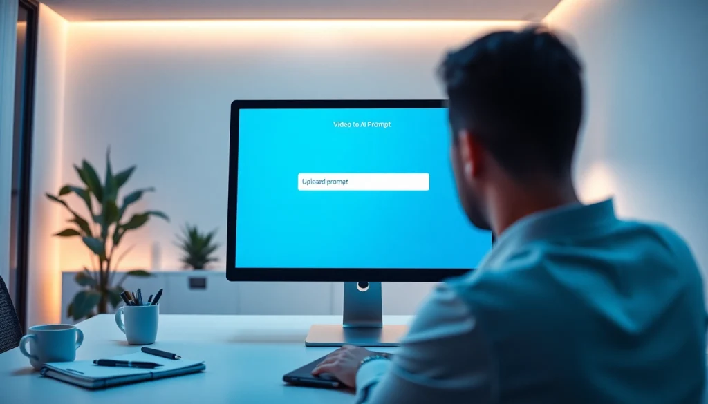 Transforming video to prompt: Modern workspace with AI technology interface