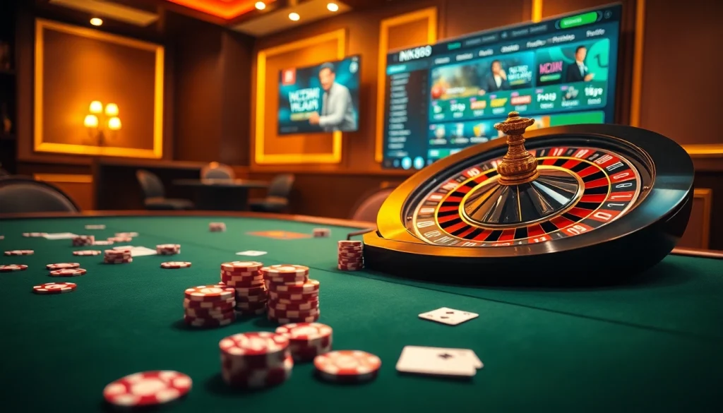 NK88 casino action with vibrant poker chips and an inviting roulette wheel.