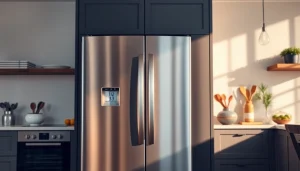 Showcase of refrigerator sales with modern kitchen appliance in a stylish setting.