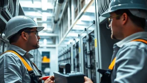 Electricians performing commercial electrical maintenance in a professional setting with efficient tools.