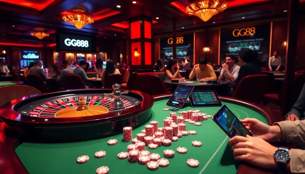 Experience the thrill of GG88 with vibrant casino visuals showcasing tables and players in action.