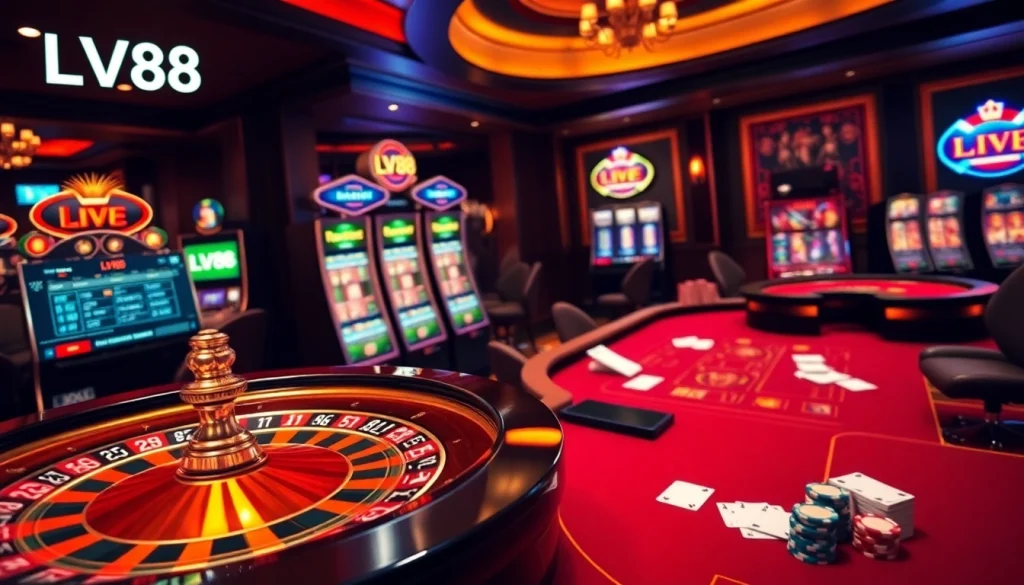 Experience the excitement of LV88 with a captivating online casino scene showcasing roulette and poker.