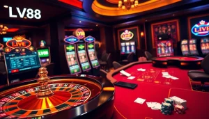 Experience the excitement of LV88 with a captivating online casino scene showcasing roulette and poker.