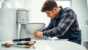 Expert engaged in toilet repair, showcasing tools and modern bathroom design.