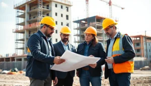 Construction quality management professionals inspecting plans at a construction site.