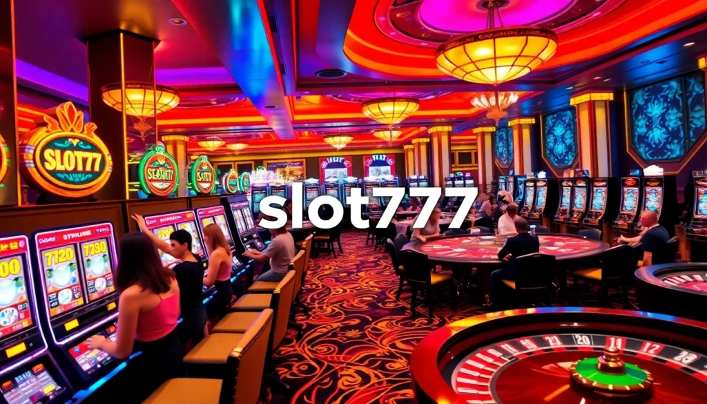 Experience the thrill of winning at slot777 with vibrant slot machines and excited players.
