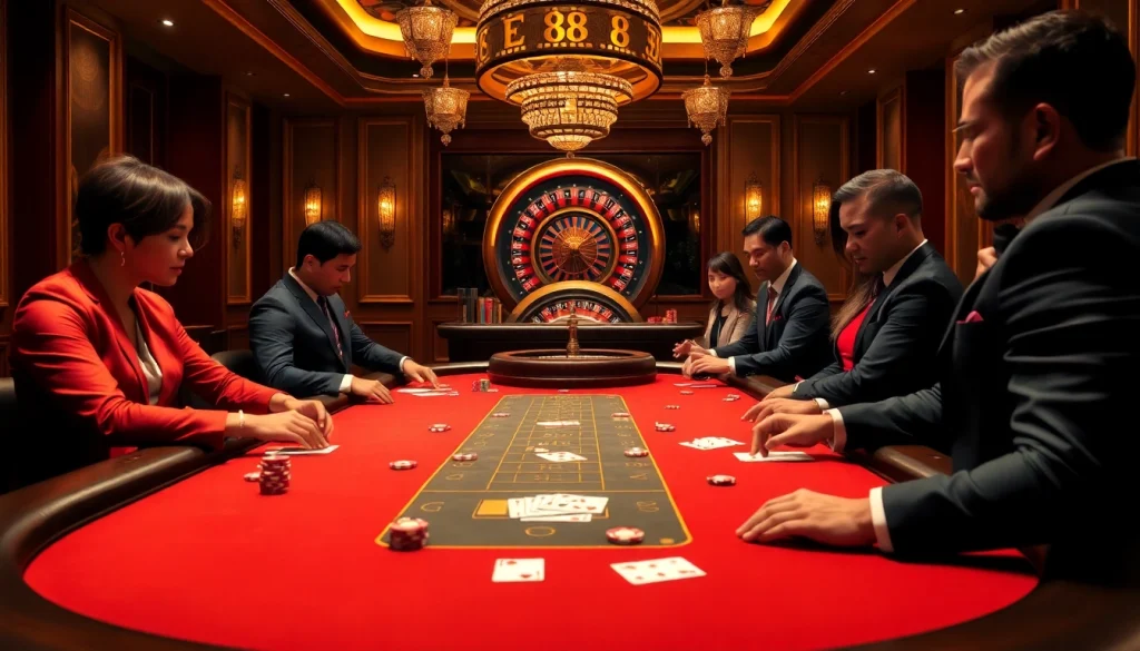 Players competing at a luxurious poker table in EE88 casino.