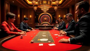 Players competing at a luxurious poker table in EE88 casino.