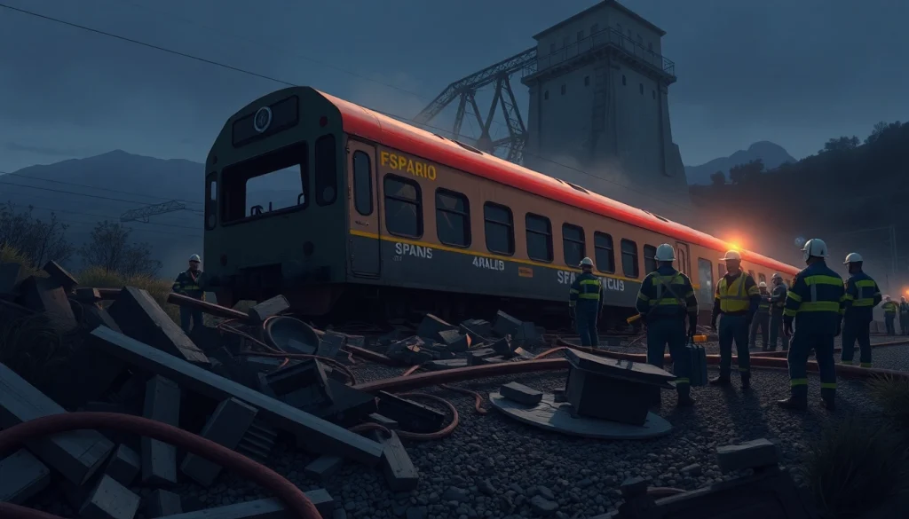 Rescuers responding to the spain train crash amidst wreckage and debris, highlighting urgency and chaos.