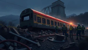 Rescuers responding to the spain train crash amidst wreckage and debris, highlighting urgency and chaos.