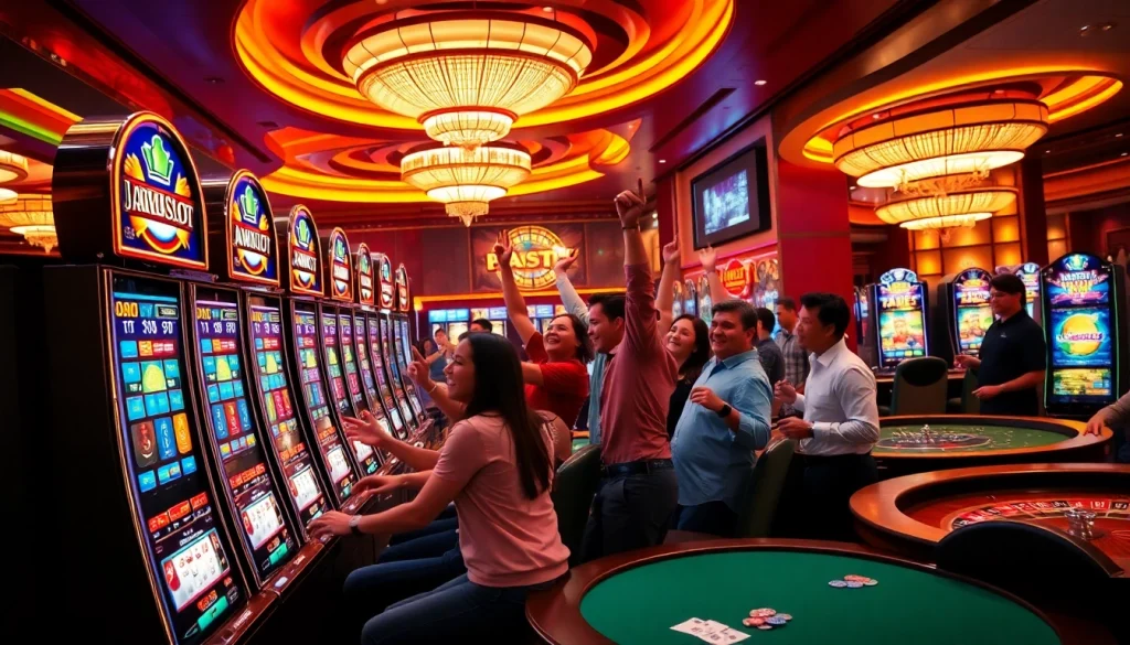 A thrilling gaming scene at Jamuslot with vibrant slot machines and joyful players enjoying their wins.