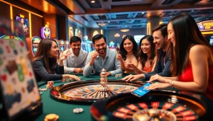 Playing the RR99 game at an upscale online casino with vibrant slot machines and a lively atmosphere.