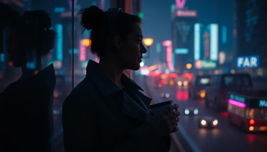 Image to prompt showcasing a stylish woman in an urban night scene, emphasizing creativity.