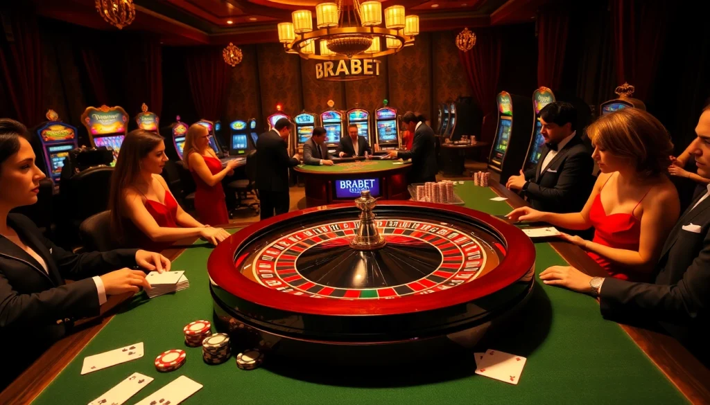 Experience thrilling casino gameplay at BRABET with vibrant roulette tables and glamorous players.