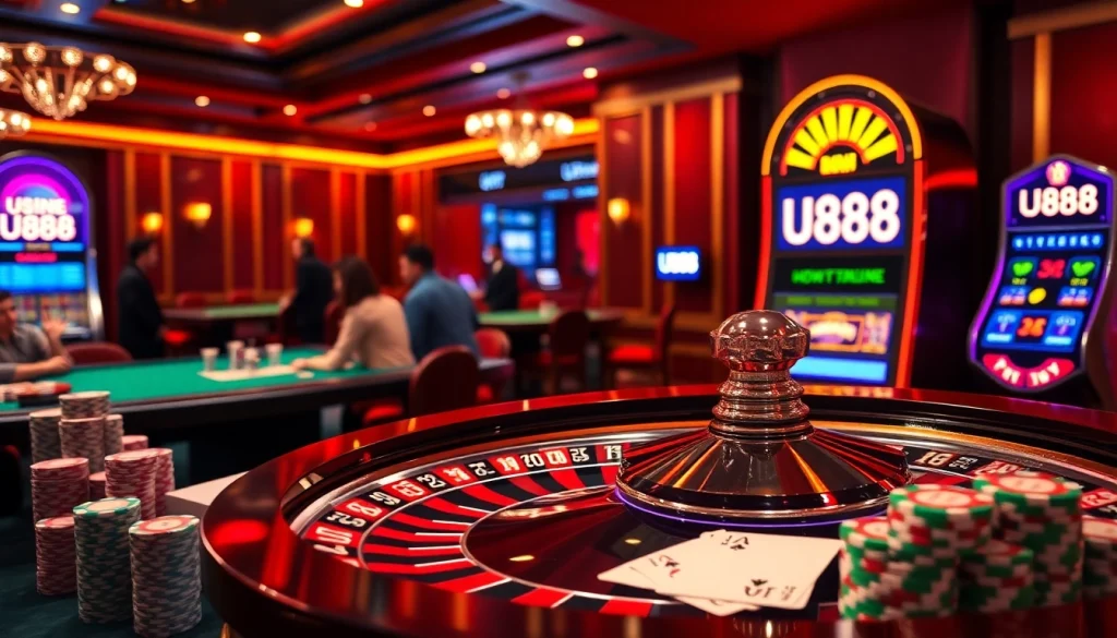 Experience the thrill of U888 with colorful chips and a spinning roulette wheel.
