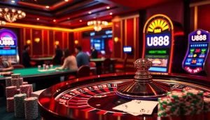 Experience the thrill of U888 with colorful chips and a spinning roulette wheel.