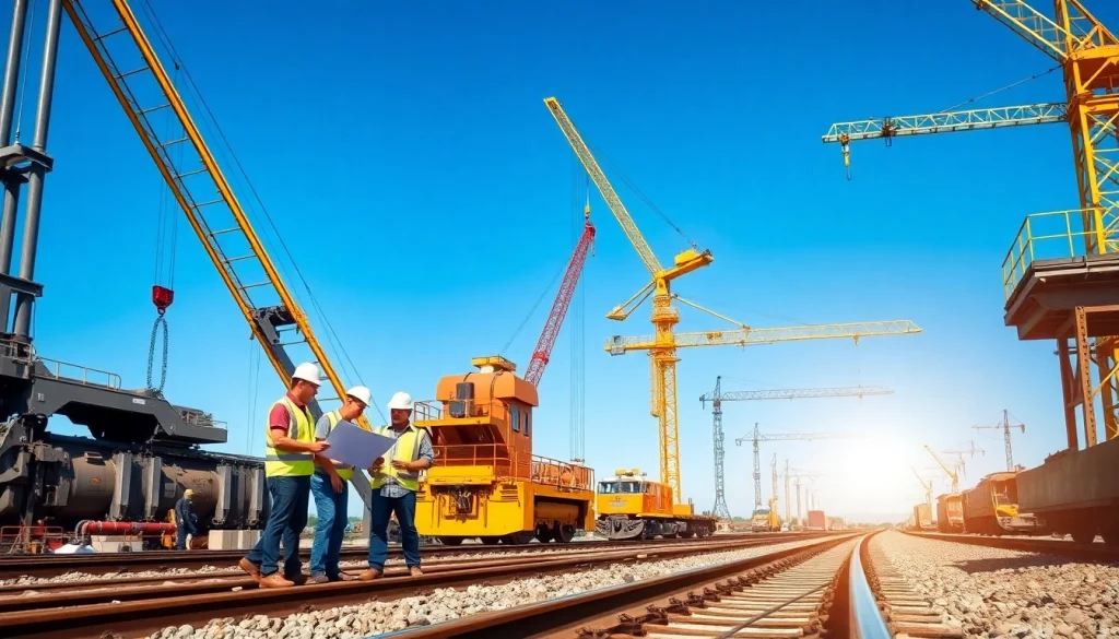 Railroad Contractors collaborating on-site with machinery and tracks under bright blue skies.