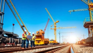 Railroad Contractors collaborating on-site with machinery and tracks under bright blue skies.