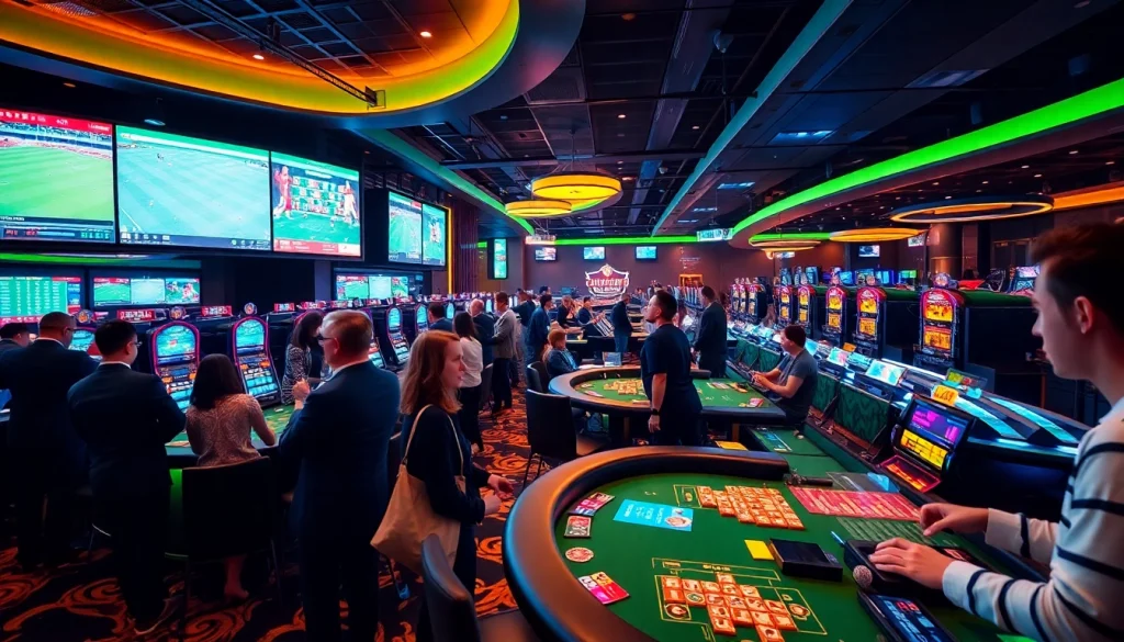 Engaging casino atmosphere with diverse players showcasing 슈어맨's safe gambling environment.