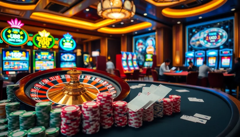 The u88 casino scene showcases intense betting at a luxurious poker table with vibrant roulette and slot machines.