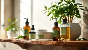 Upotreba prirodna kozmetika u elegantnom kupatilu s prirodnim sastojcima.