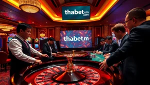 Experience thrilling gaming at thabet com, featuring an elegant casino atmosphere with roulette and slot machines.