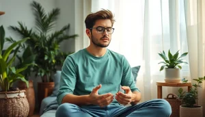 Anxiety symptoms illustrated through a focused individual practicing relaxation techniques in a serene room.