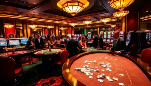 LUCK8 casino scene filled with poker tables, roulette wheels, and vibrant slot machines.