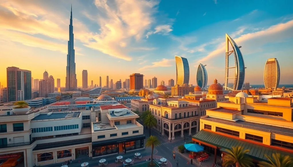 Best Hotspots in Dubai depicted in a stunning sunset cityscape featuring iconic landmarks.