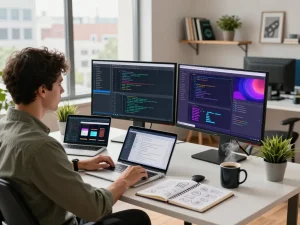 专业工作场景，展示一位开发人员正在编码，展示现代科技环境中的谷歌浏览器。