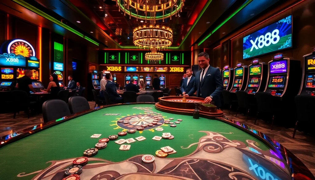 X88 casino table scene with poker chips, cards, and an interactive roulette wheel in a lively setting.