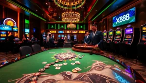 X88 casino table scene with poker chips, cards, and an interactive roulette wheel in a lively setting.