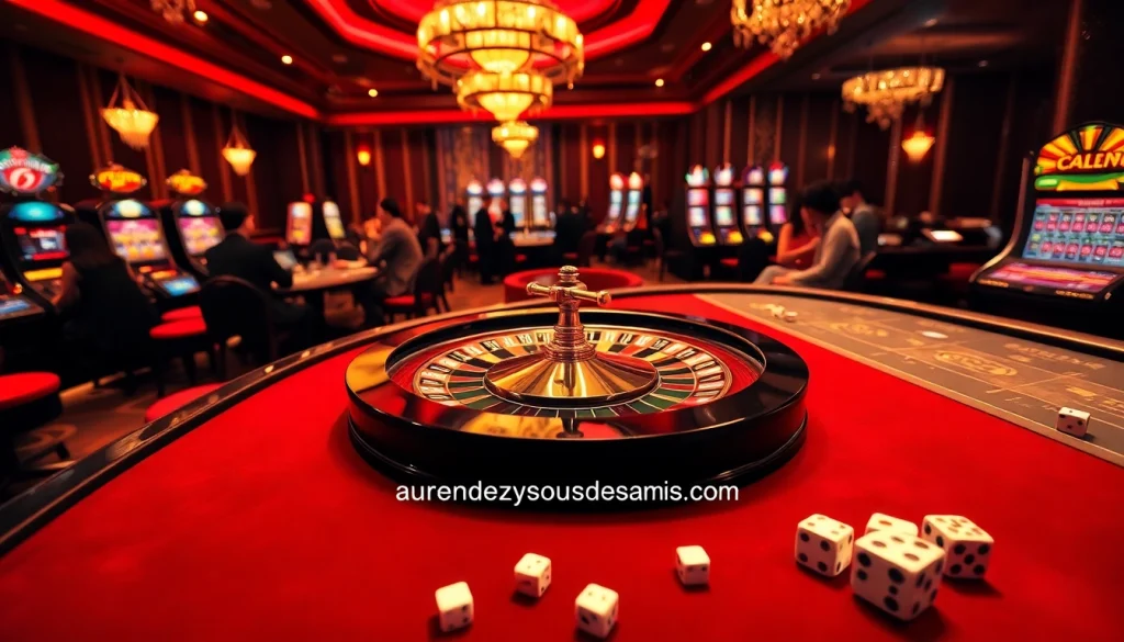 Pemain sedang bermain di kasino mewah dengan aurendezvousdesamis.com ditampilkan di latar belakang, memperlihatkan pengalaman perjudian kelas satu.