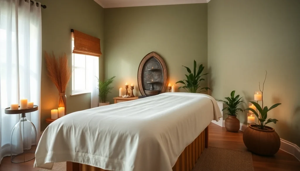 편안함을 위한 차분한 장식과 부드러운 조명이 있는 마사지룸.