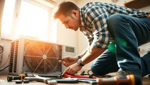 Skilled technician engages in emergency HVAC repair, showcasing expertise and urgency.