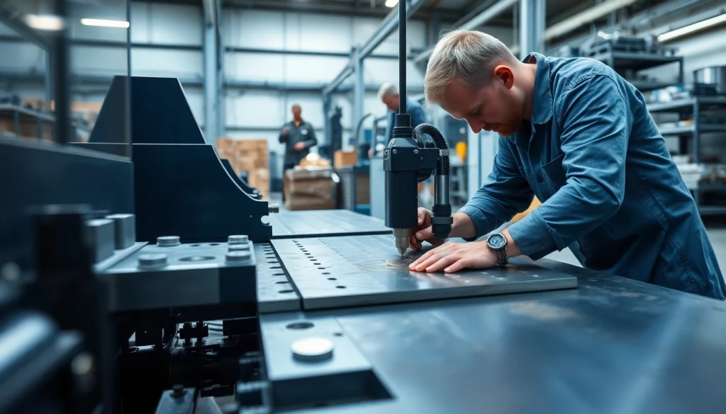 Precision plate cutting process in a high-tech workshop with a skilled technician.