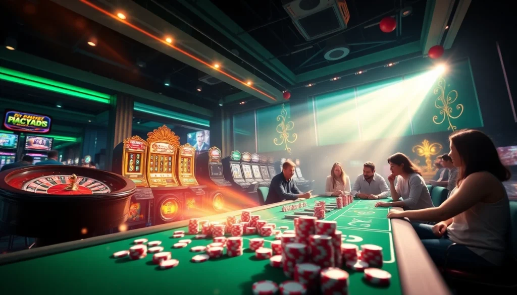 Adegan judi yang mendebarkan menampilkan elemen-elemen dari jmacdonaldphoto.com, menonjolkan mesin slot yang penuh warna dan roda roulette.