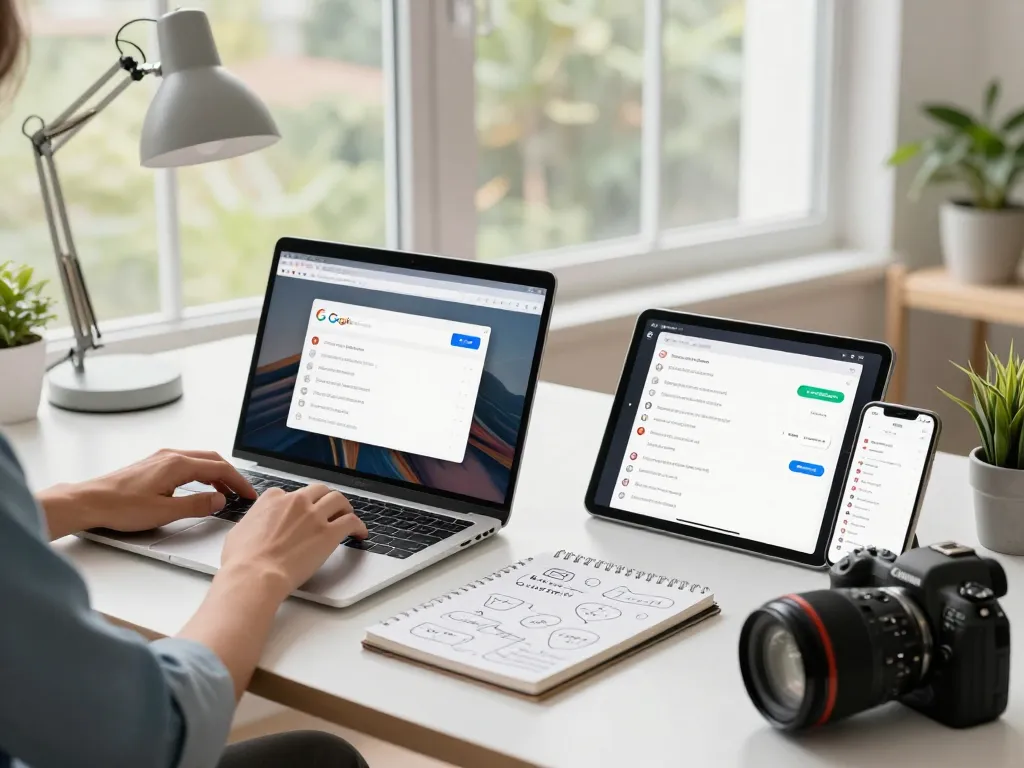 Dynamic workspace showcasing a user utilizing 谷歌浏览器 across multiple devices with synchronized features.