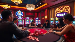 RR88 poker players at an elegant table in a vibrant casino, showcasing excitement and professionalism.