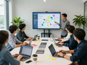 合同会社SUMXチームが現代的な会議室でデジタルマーケティング戦略について連携しています。