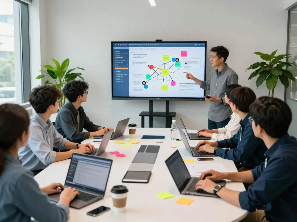 合同会社SUMXチームが現代的な会議室でデジタルマーケティング戦略について連携しています。