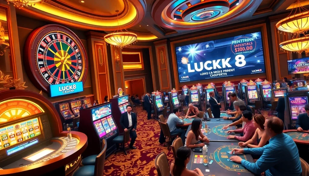 LUCK8 players enjoying a vibrant casino atmosphere with roulette and slot machines in action.