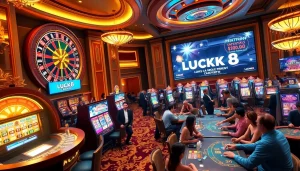 LUCK8 players enjoying a vibrant casino atmosphere with roulette and slot machines in action.