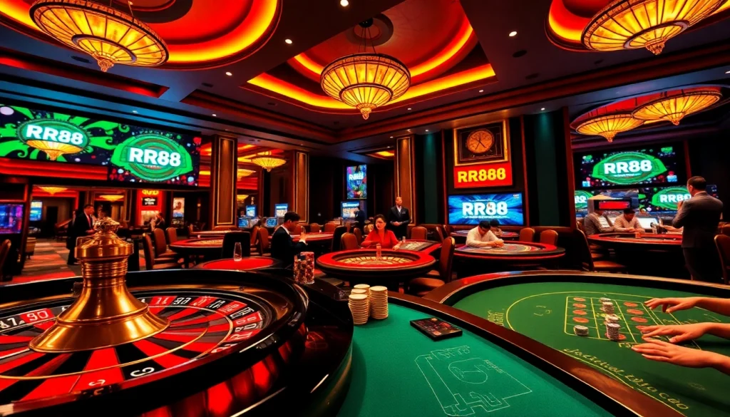 RR88 casino scene showcasing roulette, poker chips, and vibrant gameplay.