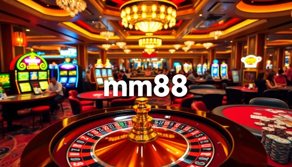 Players enjoying a thrilling game at mm88 casino, featuring roulette, poker chips, and vibrant slot machines.
