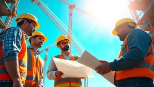 Construction association members collaborating on a bustling building site with cranes and tools.