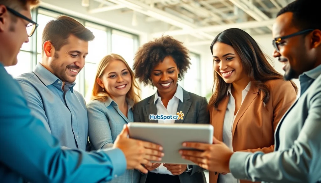 Explore HubSpot CRM free with professionals collaborating in a modern office setting.
