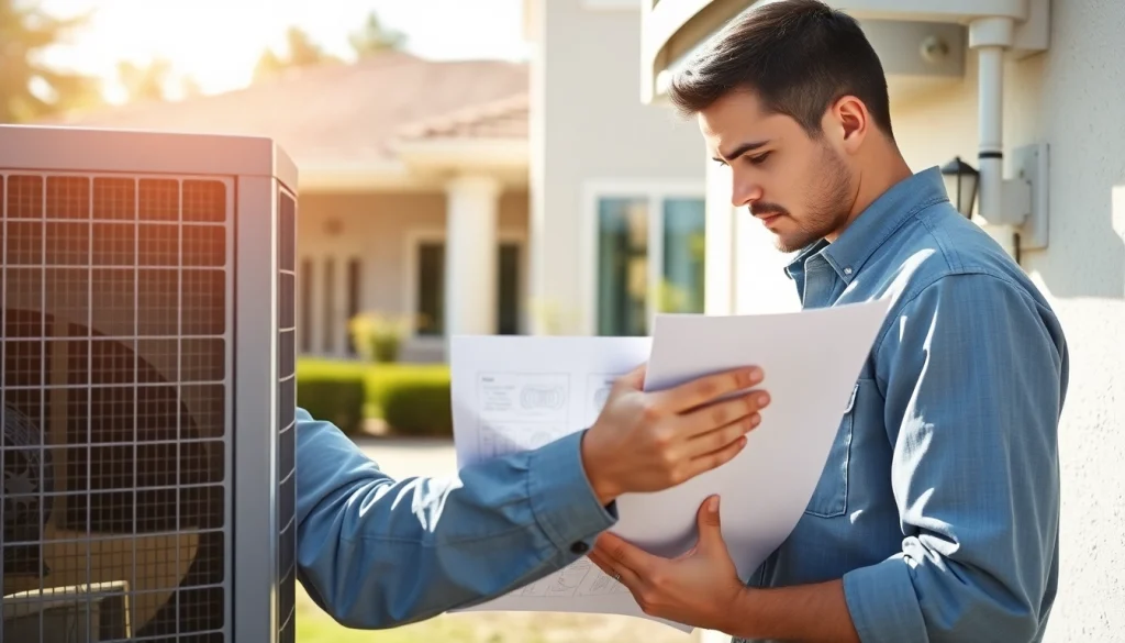 HVAC technician examines an air conditioning unit highlighting american standard quality in modern home.