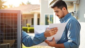 HVAC technician examines an air conditioning unit highlighting american standard quality in modern home.